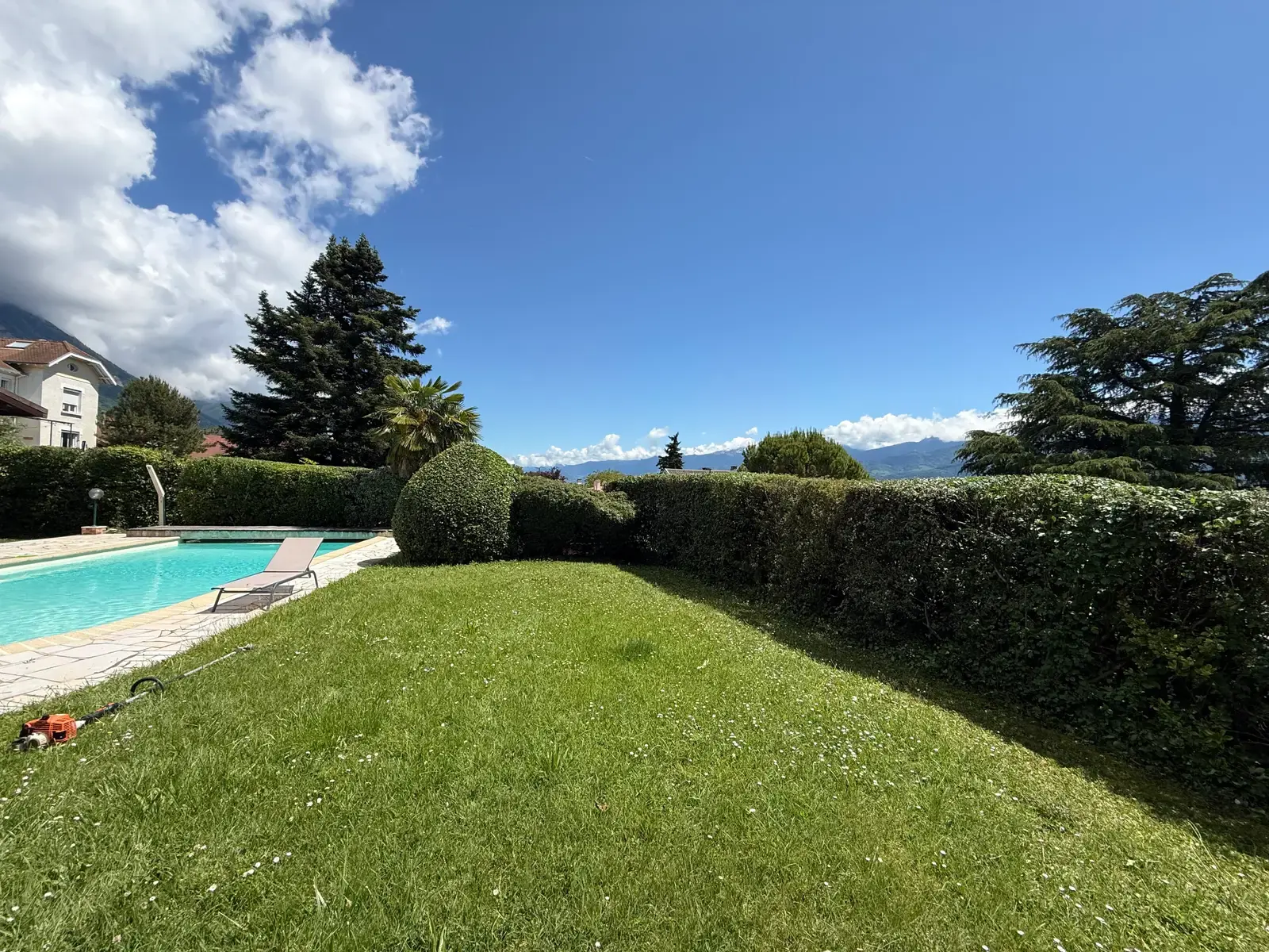 Jardin tondu et arbustes taillés autour d'une piscine